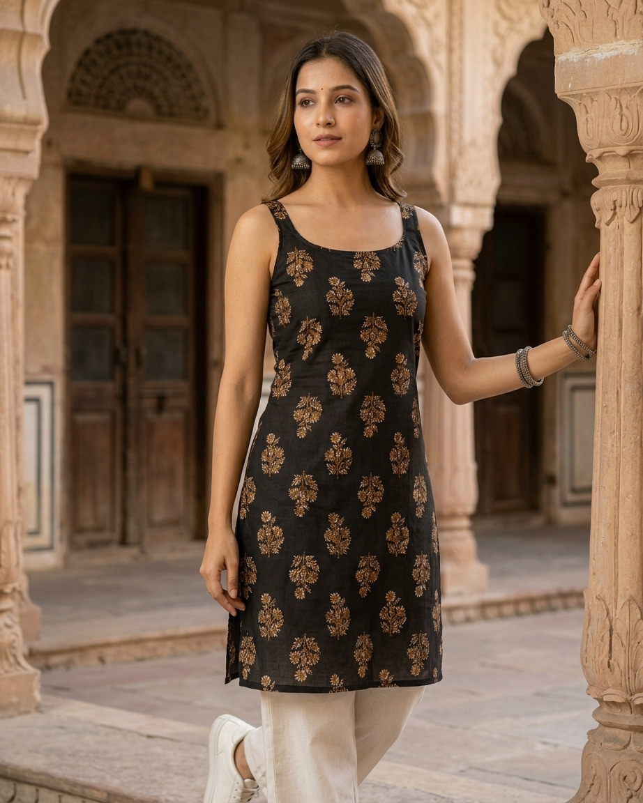 Golden Floral Boota Print Black Sleeveless Short Kurti