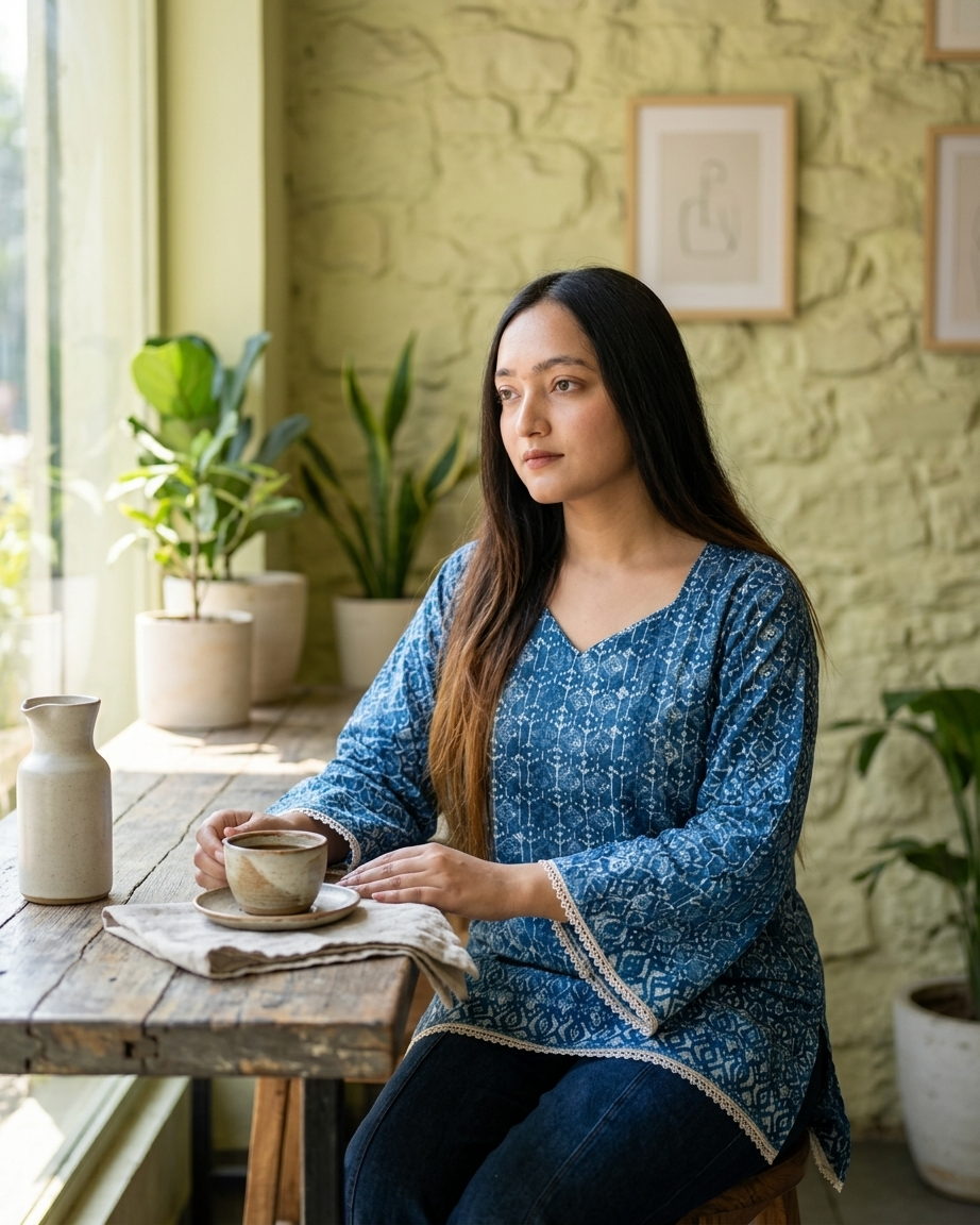 Indigo Geometric Block Print Tunic with Lace Trim