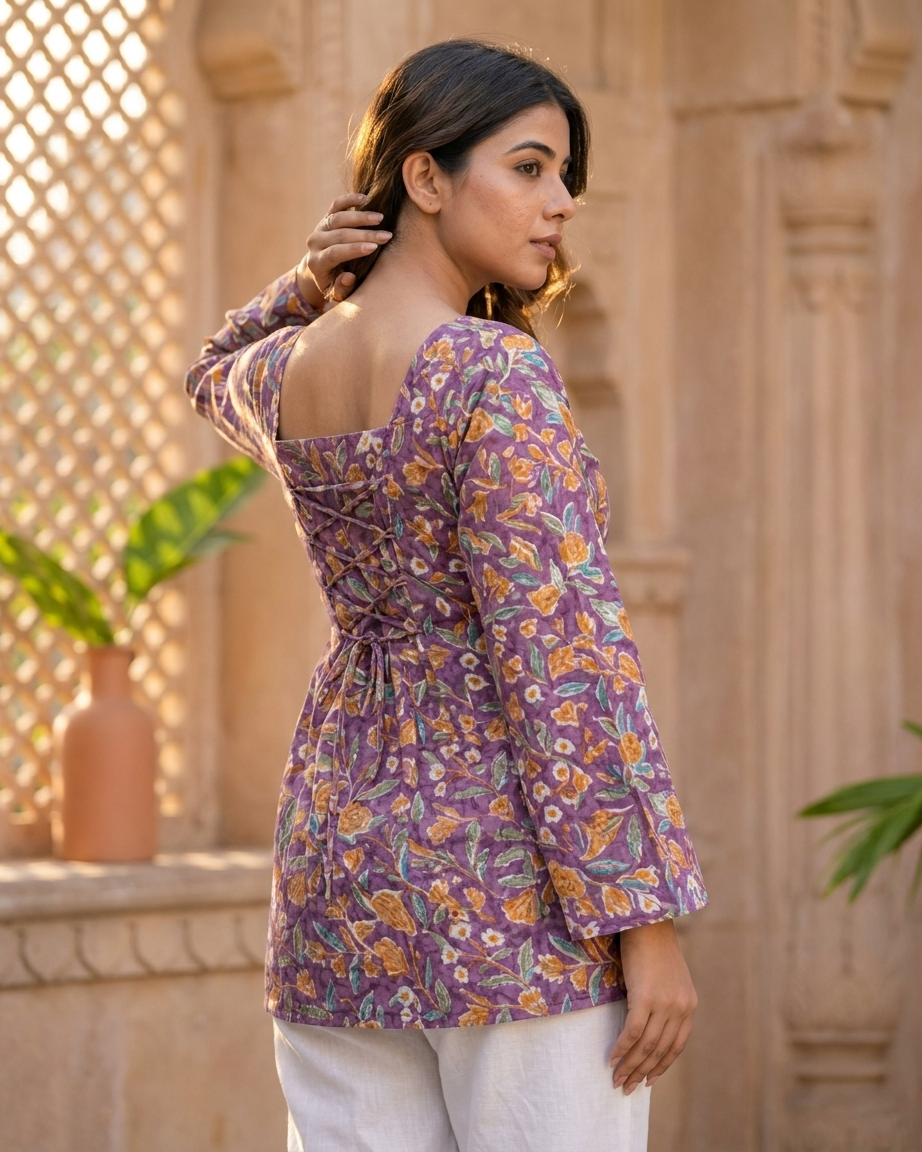 Royal Purple Floral Cotton Kurti with Lace-Up Back & Bell Sleeves
