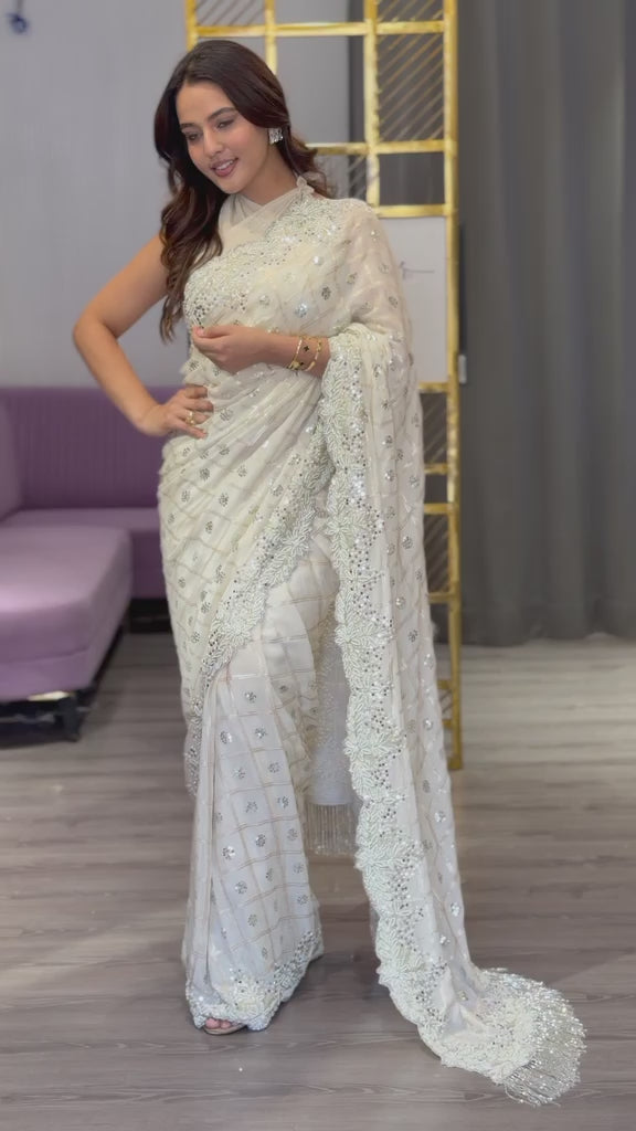 Ivory Jaal Kardana Handwork Saree