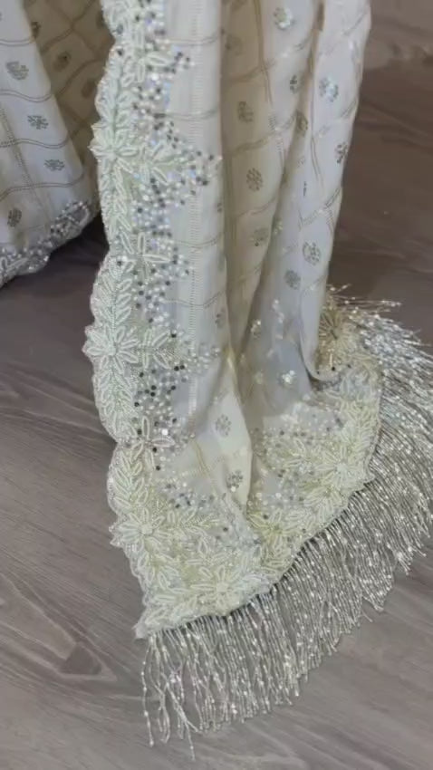 Ivory Jaal Kardana Handwork Saree