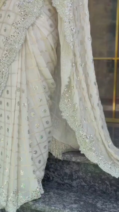 Ivory Jaal Kardana Handwork Saree