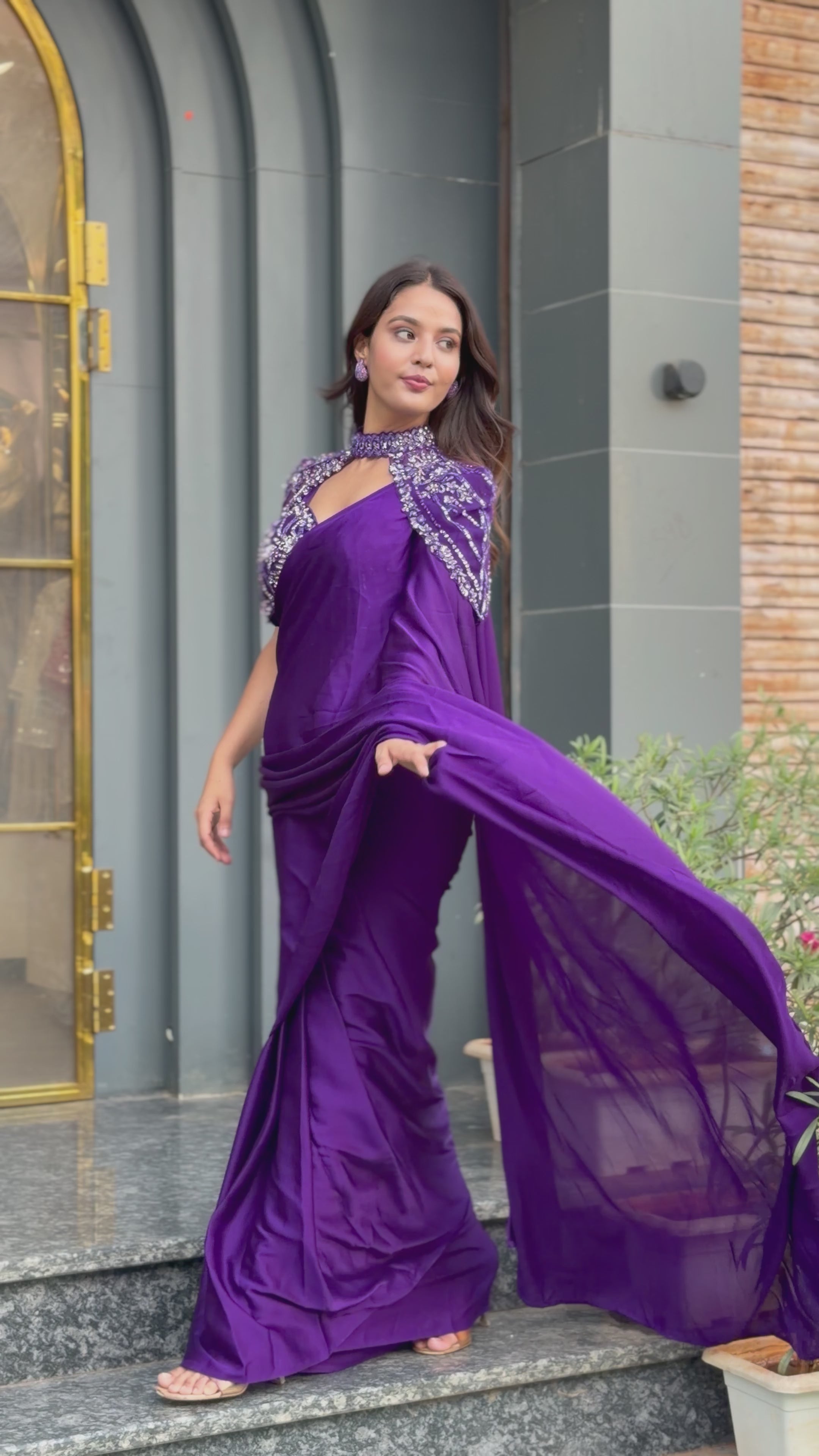 Deep Orchid Drape Saree With Detachable Cape