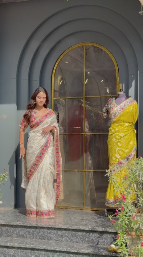 Elegant Ivory Floral Drape with Designer Blouse