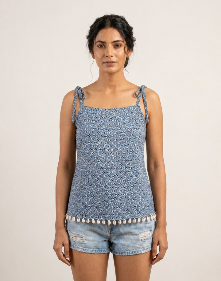 Greyish Blue Paisley Tie-Strap Top with Shell Detailing