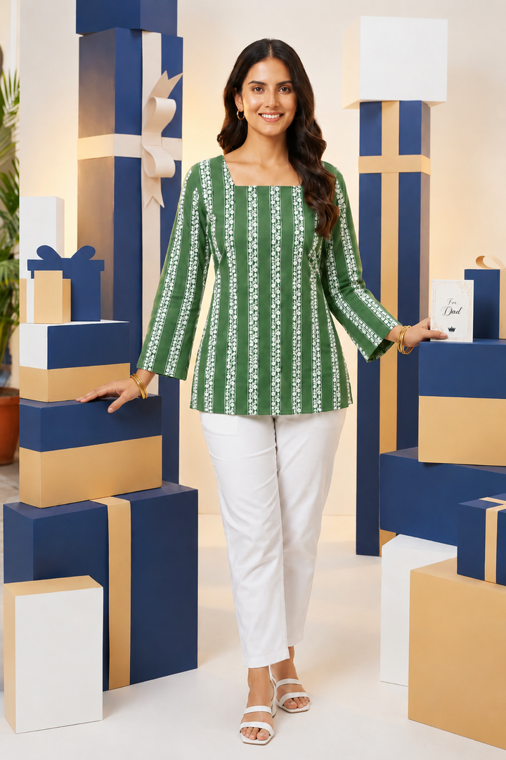 Emerald Green Heritage Stripe Flared-Sleeve Tunic