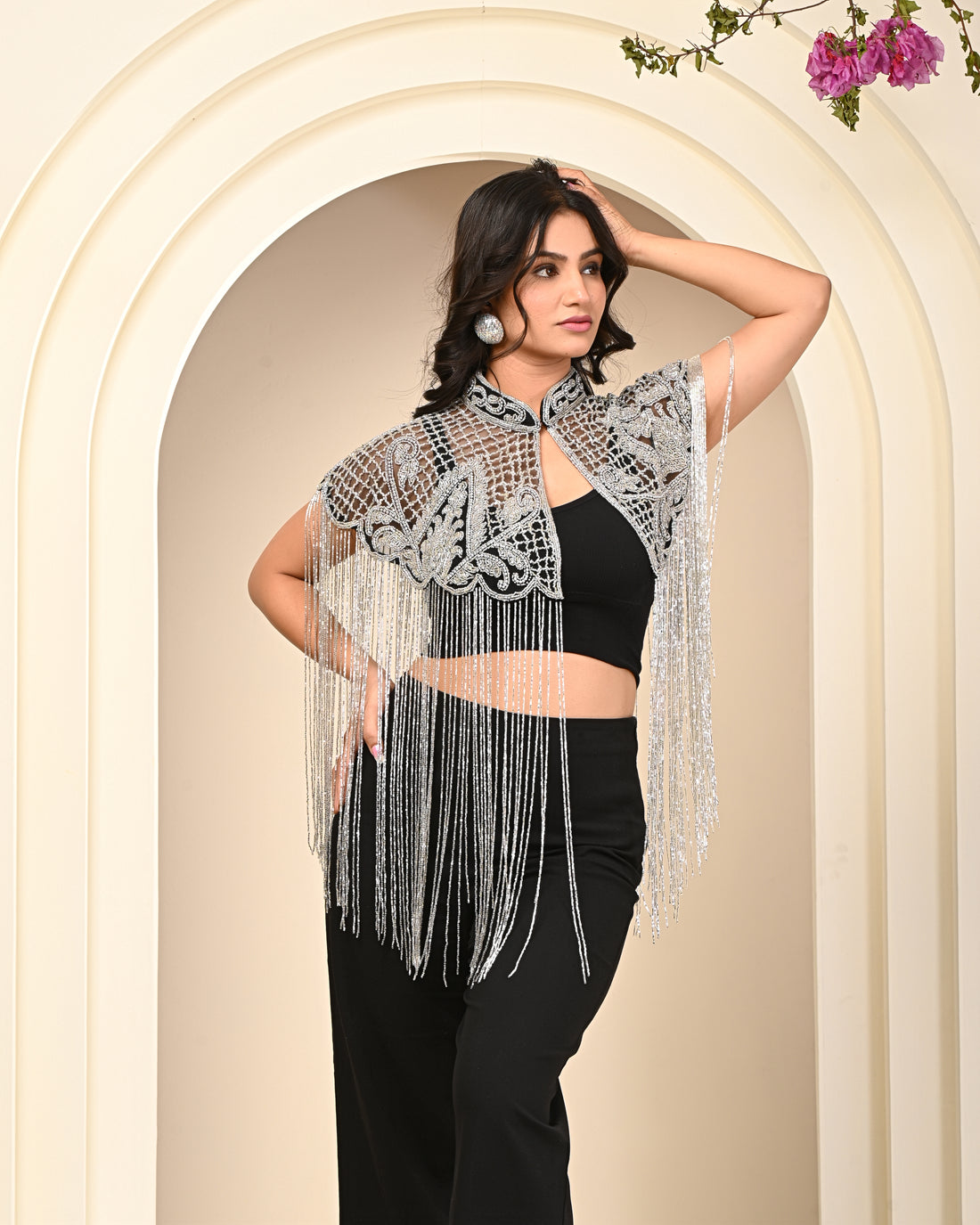 Black and silver embellished cape