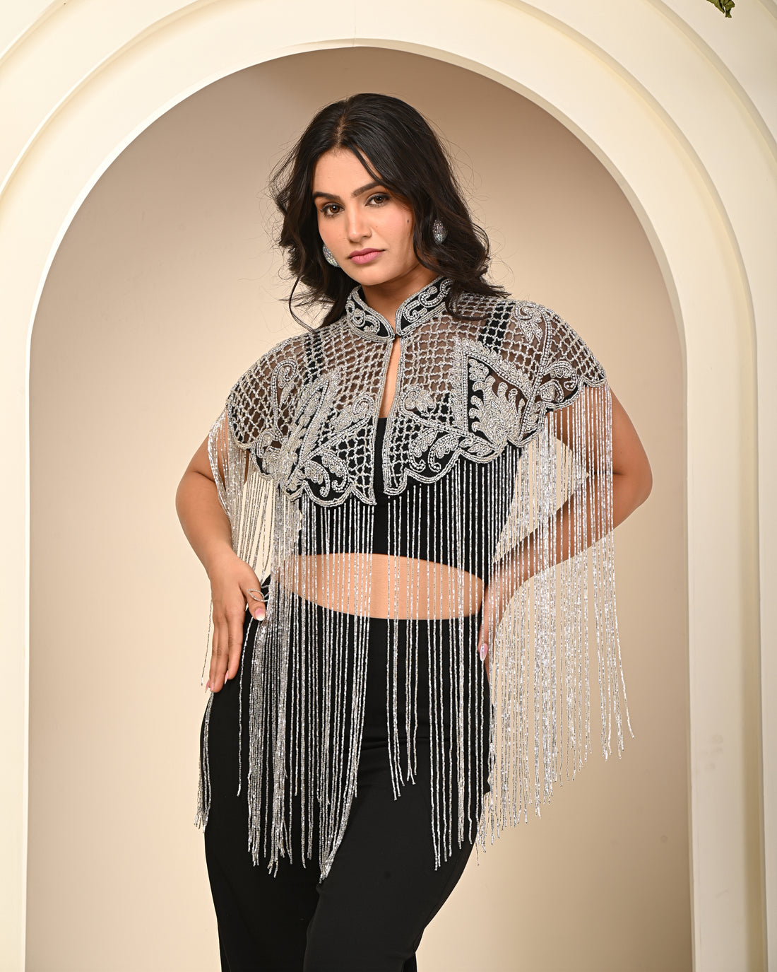Black and silver embellished cape