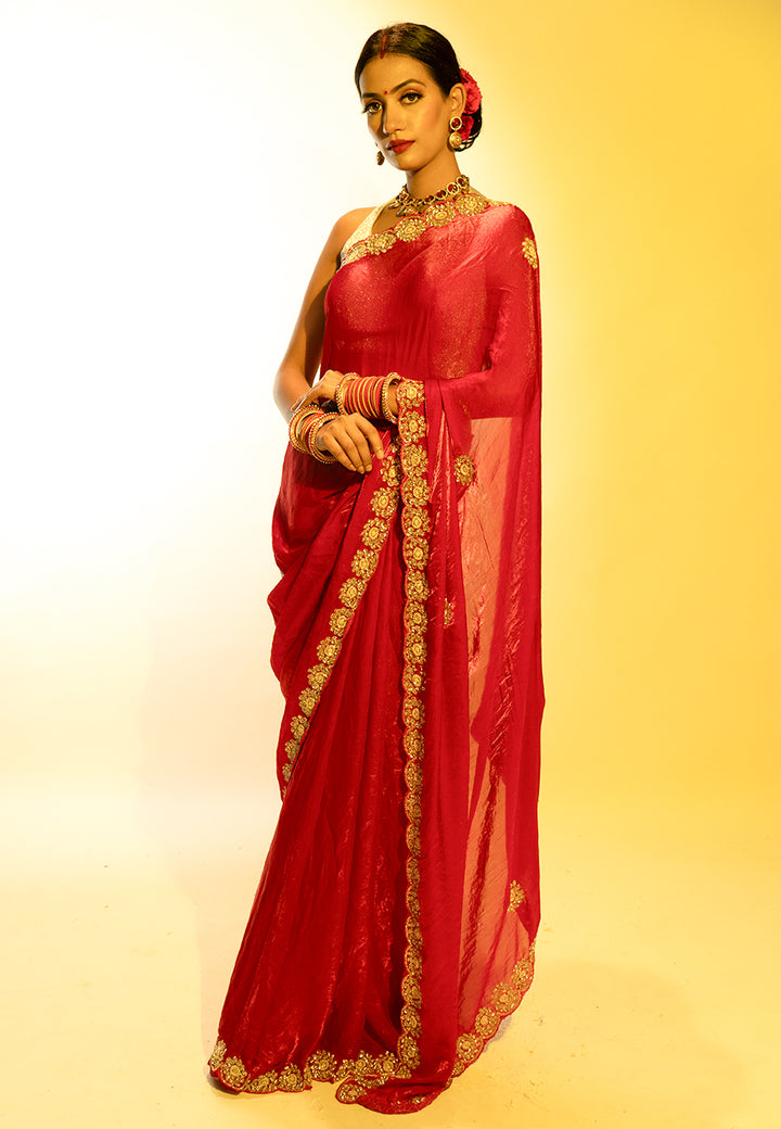 Crimson Elegance Embroidered Tissue Saree