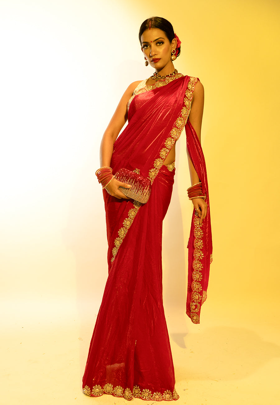 Crimson Elegance Embroidered Tissue Saree