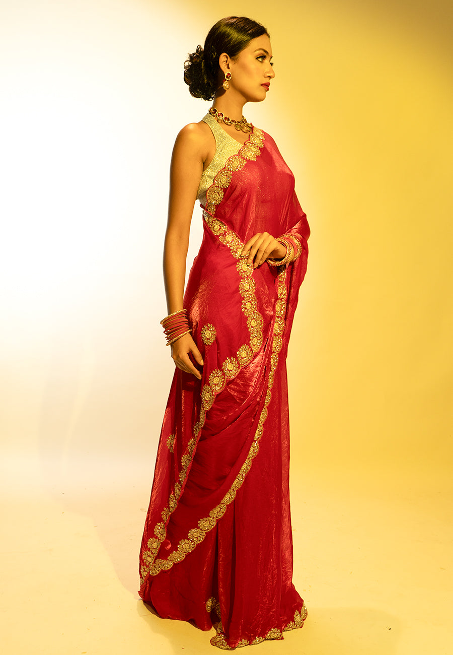 Crimson Elegance Embroidered Tissue Saree