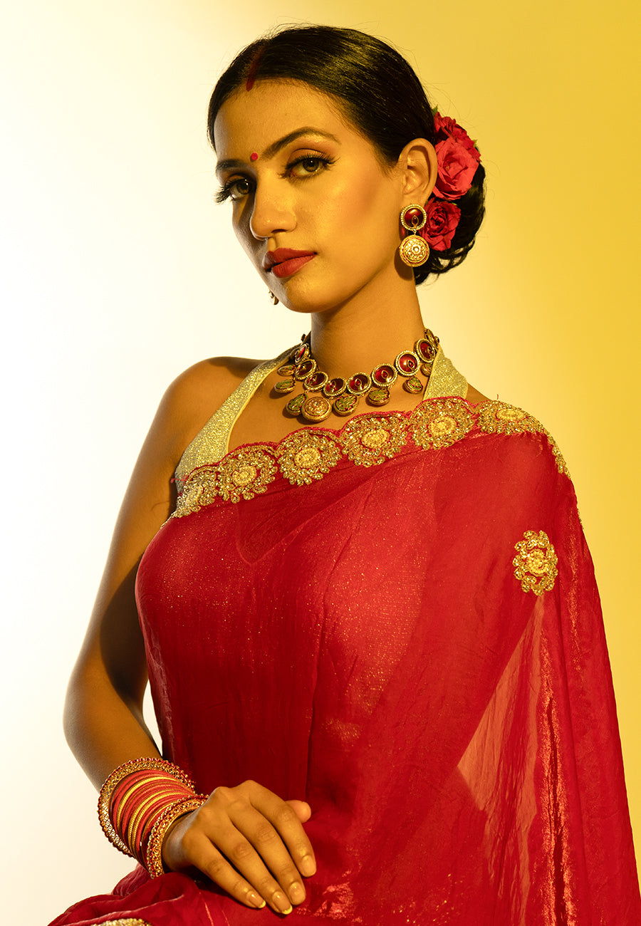 Crimson Elegance Embroidered Tissue Saree