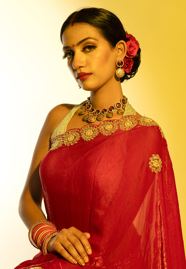 Crimson Elegance Embroidered Tissue Saree