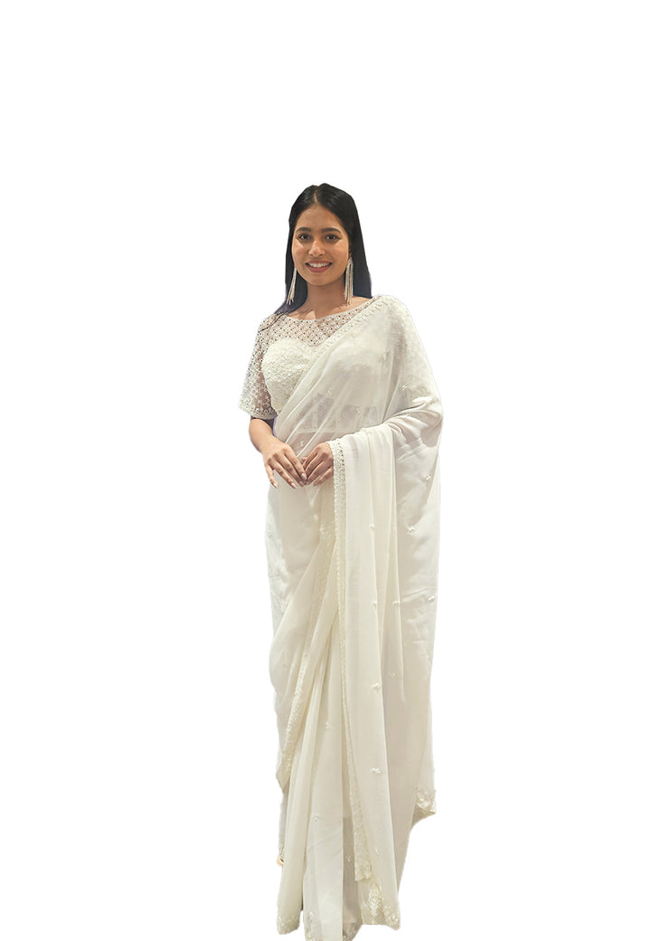 white georgette saree with stitched blouse