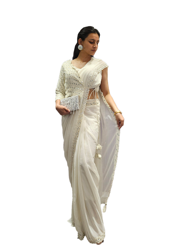 Enchanting White one side jacket saree